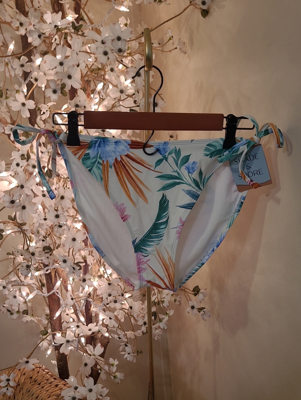 NWT Floral Tie-Side Bikini Bottoms - Cream Base with Tropical Print